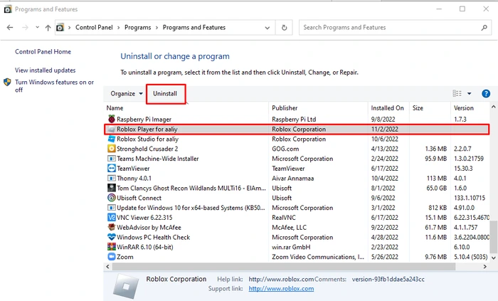 UNINSTALL ROBLOX WINDOWS
