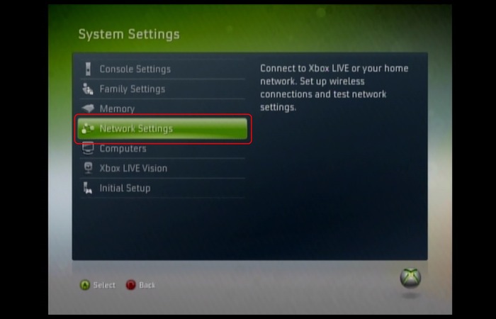 Xbox 360 settings menu